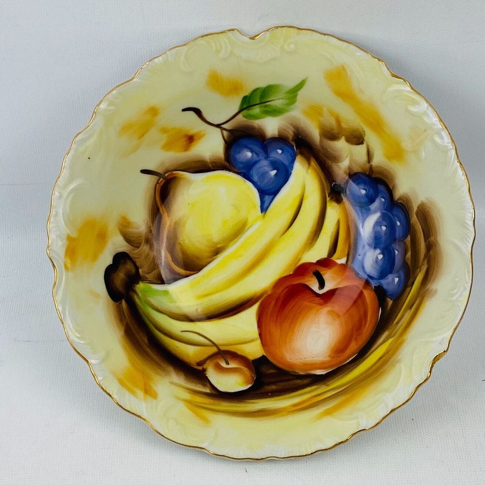 Vtg Enesco Fruit Pattern Serving Bowl Gold‎ Trim Hand Painted E1433 Pear Banana
